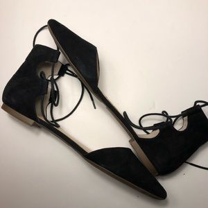 Faux Suede Pointy Toe Strappy Ballet Lace Up Flats